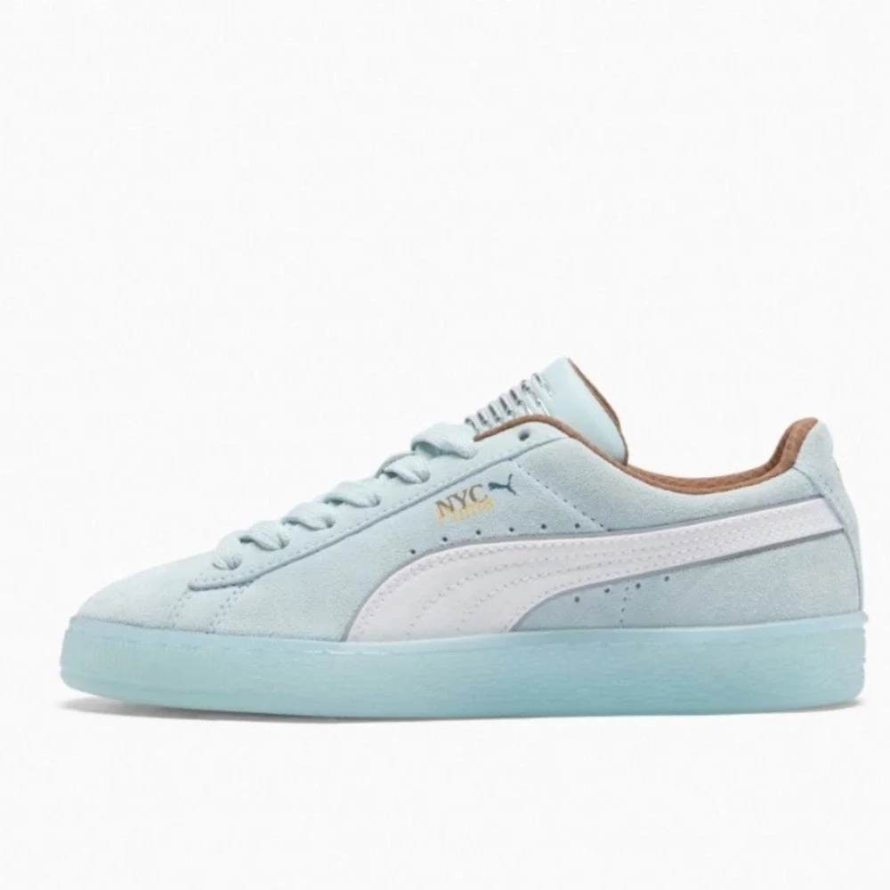 Puma Suede Run Along Womens 6.5 Dew White Coffee Silver NYC Sneakers 400842 01